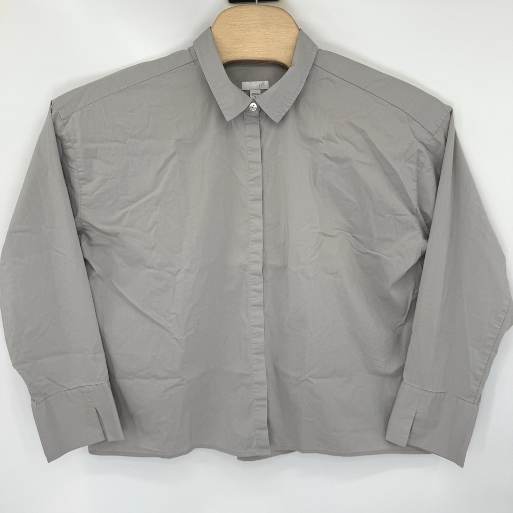 J. Jill Button Down Shirt Women XL Grey Boxy Long Sleeve Hidden Placket Cotton